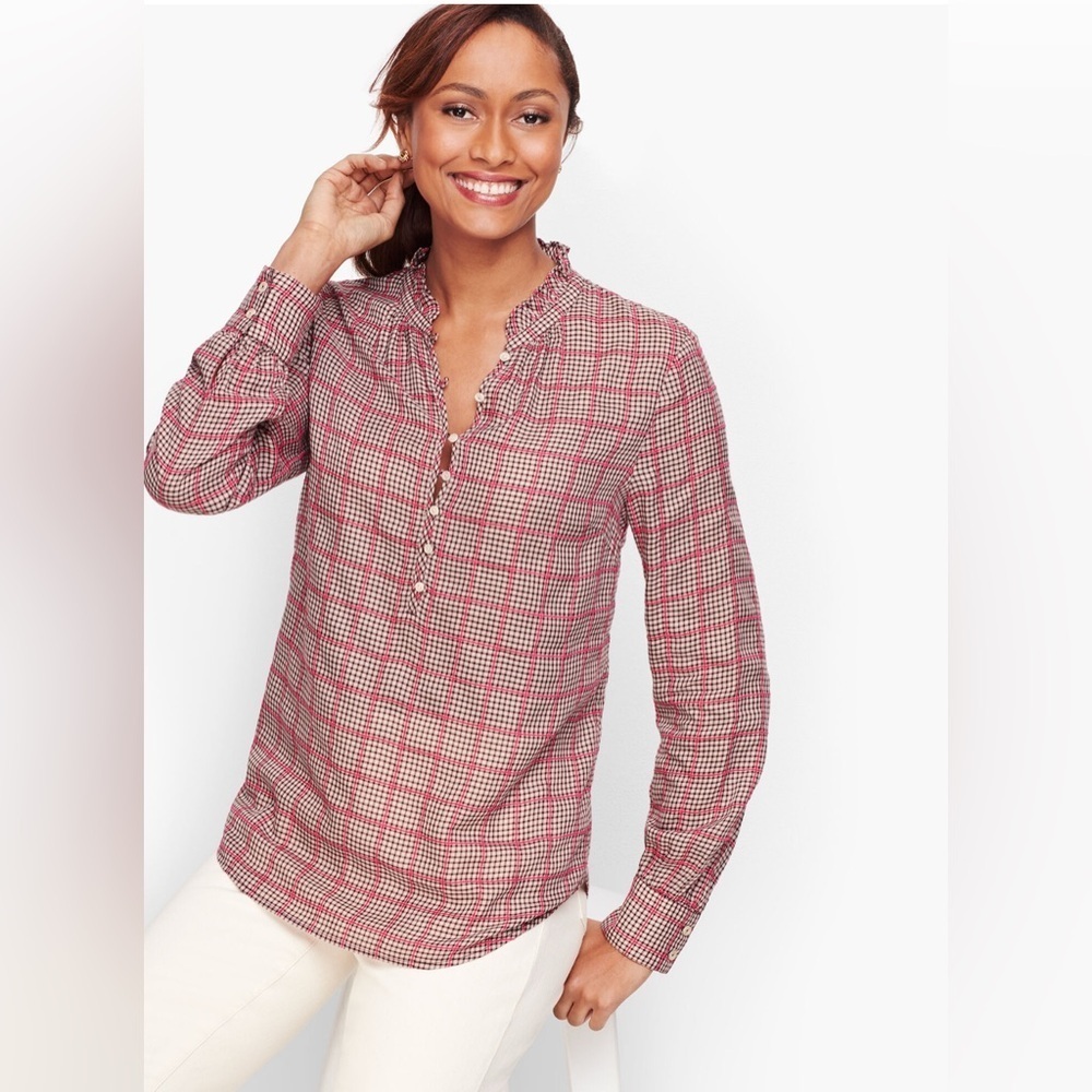Talbots Long Sleeve Ruffle Neck Easy Plaid Popover Women Shirt Large
